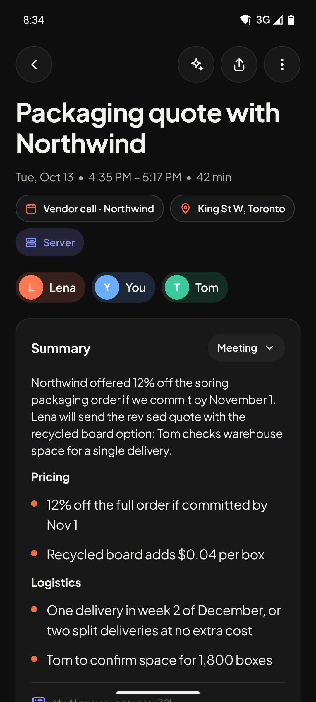 A conversation in the app: title, summary with sections, speakers and where it was processed.
