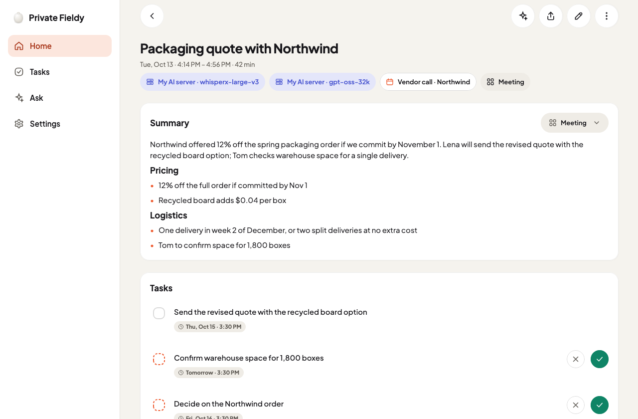A conversation in the desktop app: summary sections, tasks and where it was processed.