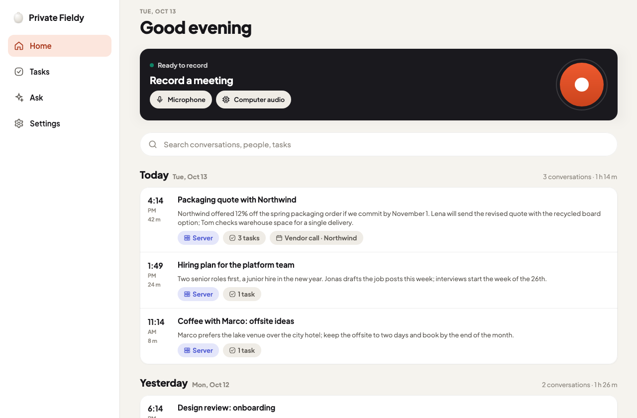 The desktop app: record card with microphone and computer audio, and today’s conversations.